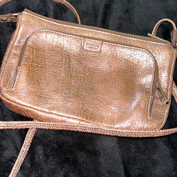 Fossil Shoulder Bags Brown Leather Metallic Silver Crackle Finish - Picture 1 of 14